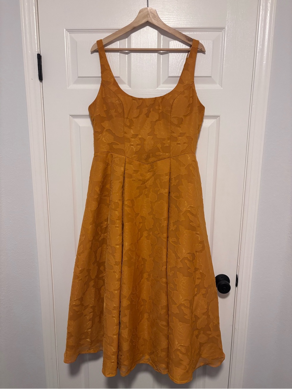 Azazie Sleeveless Floral Jacquard Midi Dress in “Butterscotch”